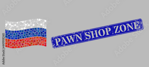 Mosaic waving Russia flag designed of circle points, and scratched Pawn Shop Zone rectangle stamp seal. Vector dots are organized into waving Russia flag composition.
