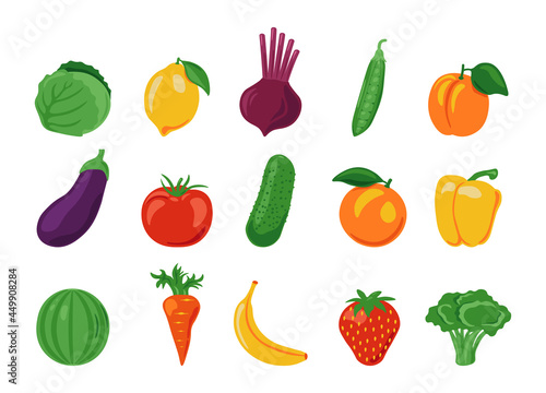 Fruits and vegetables. Cartoon organic farm food, fresh isolated vegan dish ingredients. Vector healthy food set