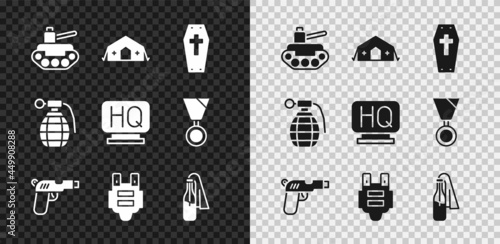 Set Military tank, medical tent, Coffin with cross, Pistol or gun, Bulletproof vest, Cocktail molotov, Hand grenade and headquarters icon. Vector