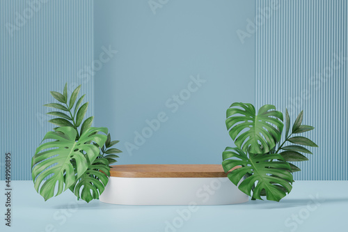 Cosmetic display product stand, Wood white cylinder podium and green plant leaf on blue background. 3D rendering illustration