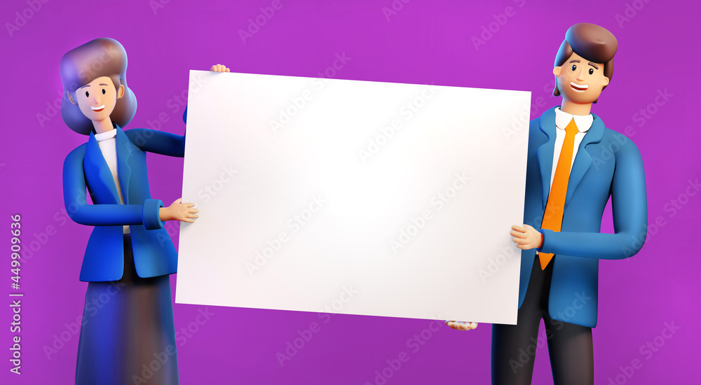 Happy successful business people holds up banner, with space for text. 3D rendering illustration. Happy successful business people holds up banner, with space for text. 3D rendering illustration.