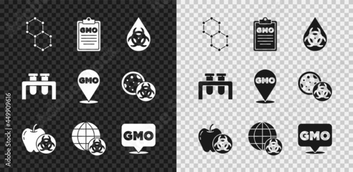 Set Chemical formula, GMO, Genetically modified apple, Test tube and flask and icon. Vector
