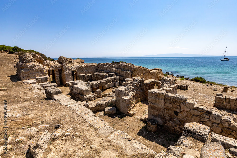 the ancient baths in the archaeological area of Tharros in Protected marine area of the Sinis Peninsula, San Giovanni in Sinis, Cabras, Oristano, Sardinia, Italy