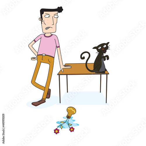 man angry to his naughty cat