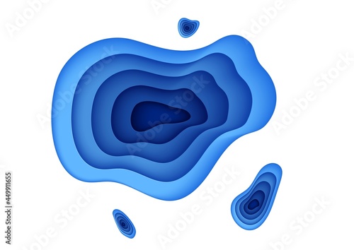 Abstract holes background in paper cut style. 3d wallpaper with layered waves. Papercut wavy blue color shapes for business presentation or environmental poster. Vector card illustration