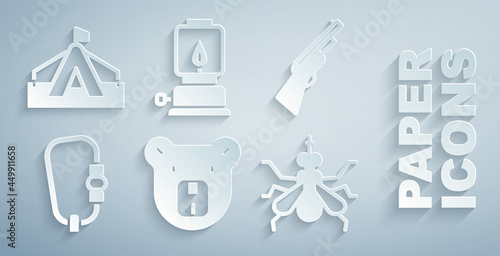 Set Bear head, Hunting gun, Carabiner, Mosquito, Camping lantern and Tourist tent icon. Vector