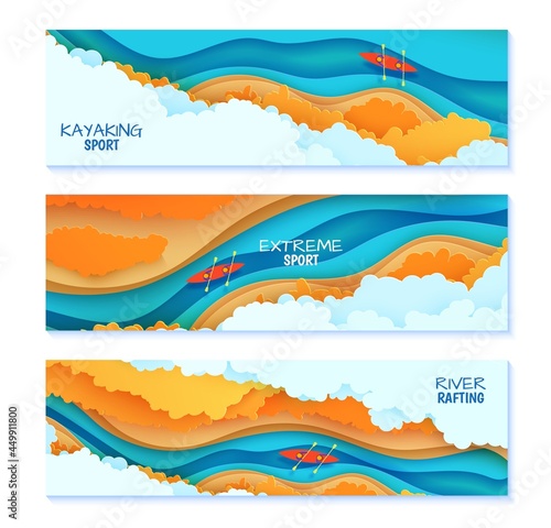 Set of top view cloudy landscape banners in paper cut style. Eco tourism 3d flyers with aerial view river autumn trees and kayak boat. Vector card illustration of extreme rafting sport papercut art.