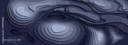 Topographic map in paper cut style. 3d abstract background with cut out waves modern cover. Dark grey holes and mountains papercut art. Vector card illustration and origami smooth geometric shapes