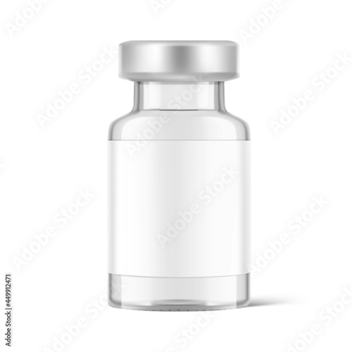 Transparent glass bottle for vaccine injections mockup. Vector illustration isolated on white background. Can be use for medicine, cosmetic and other. Ready for your design. EPS10.	