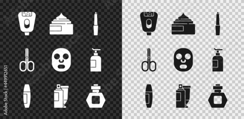 Set Epilator, Cream lotion cosmetic tube, Nail file, Mascara brush, Perfume, Scissors and Facial mask icon. Vector