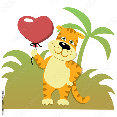 Cute tiger cub character is smiling  holding a red heart-shaped balloon