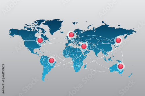 Vector world map infographic symbol with map pointers. International global connection illustration sign. Elements for business, web design, presentation, data report, media, news, blog, travel