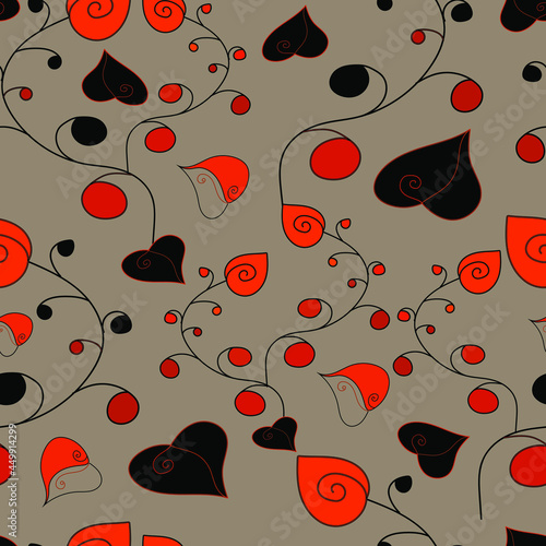 Seamless pattern with hearts and curls. Cute background for wallpaper, paper, newspaper, wrapper, fabric, stationery, clothes, bags.