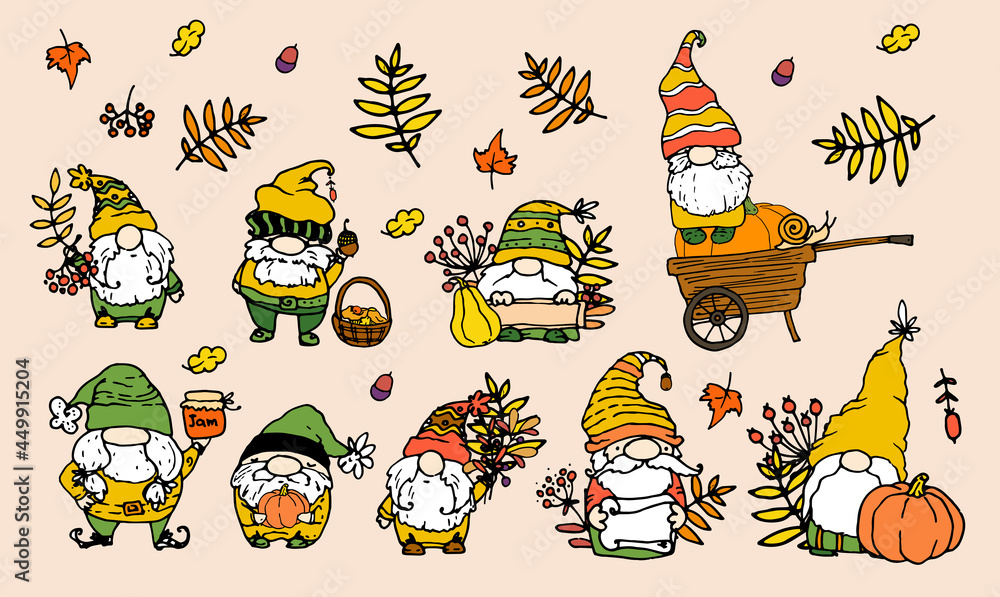 Vector set of autumn gnomes. a collection of hand-drawn dwarfs in doodle style with autumn elements wheelbarrow, pumpkin, berries, harvest, acorn, leaf, mushrooms, basket, snail in yellow-orange color