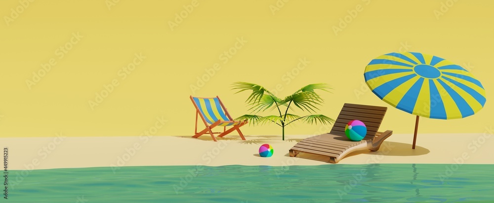 3d rendered banner. Bright beach background with sand, chaise longs, umbrella and sunlight. Creativity and nature concept.