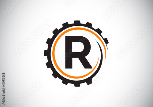 Initial R monogram alphabet in a gear spiral. Gear engineer logo design. Logo for automotive, mechanical, technology, setting, repair business, and company identity