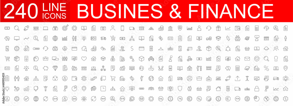 Big set of 240 Business icons. Business and Finance web icons. Vector business and finance editable stroke line icon set with money, bank, check, payment, wallet, deposit, piggy. Vector illustration. - obrazy, fototapety, plakaty 