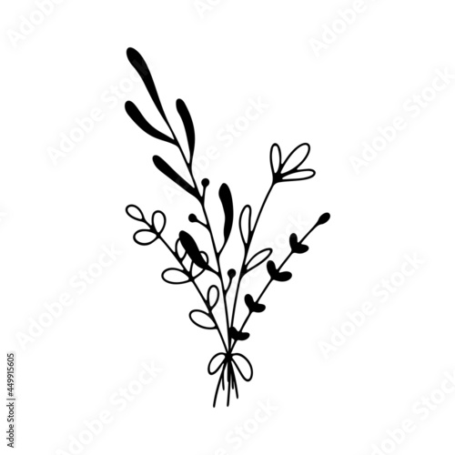 Hand drawn line art vector bouquet with flowers isolated on white background. Bunch of flowers illustration for birthday card, romantic holiday and Valentines day. Floral composition