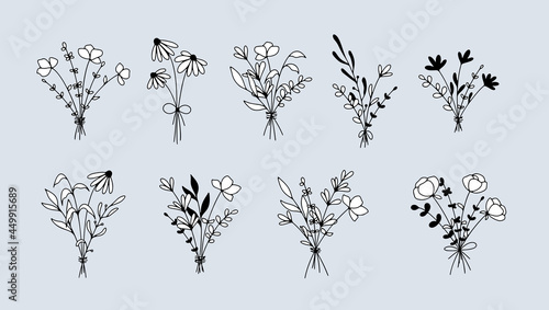 Set of floral bouquets with white fill isolated on blue background. Hand drawn line art botanical collection for wedding design, romantic holiday and Valentines day. Bunch of flowers vector set