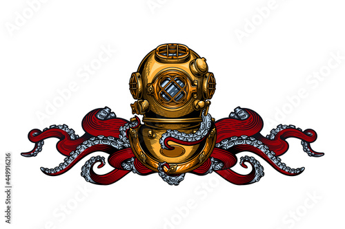 Vintage diving helmet with tentacles. Colorful hand drawn vector illustration in engraving technique of "Mark V" diving helmet and tentacles of an octopus isolated on white and white background.  