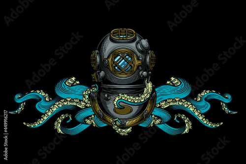 Vintage diving helmet with tentacles. Colorful hand drawn vector illustration in engraving technique of "Mark V" diving helmet and tentacles of an octopus isolated on white and black background.  