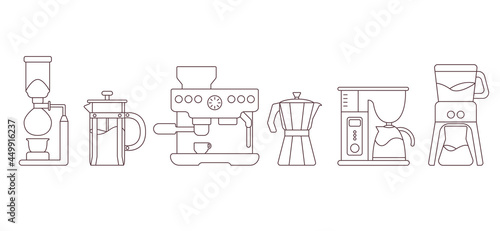 Coffee maker contour set isolated vector illustration. Cappuccino brewing machines design elements. Barista equipment collection in outline style.