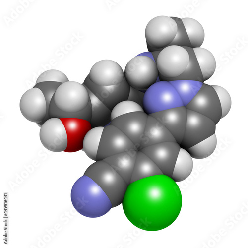 Darolutamide prostate cancer drug molecule. 3D rendering. Atoms photo