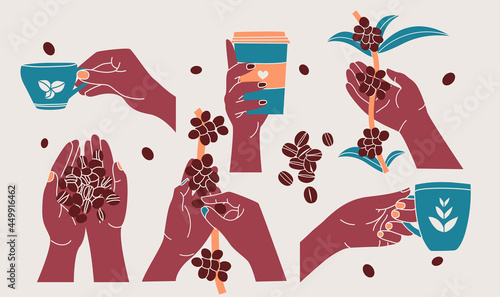 Hand holding coffee mug and picking fresh coffee berries elements collection. Growing and harvesting plants isolated set. Different cafe signs in cartoon design.
