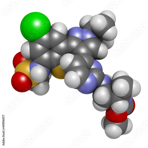 Encorafenib melanoma drug molecule. 3D rendering. Atoms are repr photo