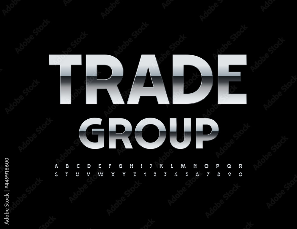 Vector business emblem Trade Group. Silver modern Font. Chrome Alphabet Letters and Numbers set Vector business emblem Trade Group. Silver modern Font. Chrome Alphabet Letters and Numbers set