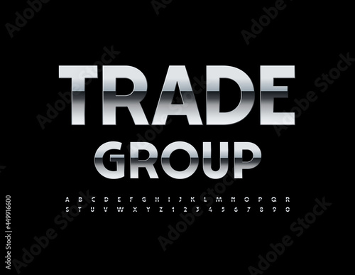 Vector business emblem Trade Group. Silver modern Font. Chrome Alphabet Letters and Numbers set