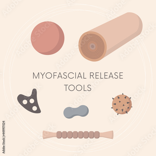 Set for doing myofascial release massage therapy. Foam roll, small fitness ball, spiky ball, releaser tool, roller stick and peanut ball. Deep tissue massage.Workout and exercise concept. For topics l