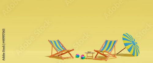 3d rendered empty sandy beach. Two sun beds or loungers on yellow background. Copy space for the text. 