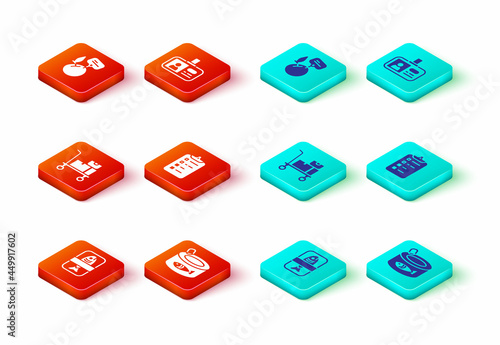 Set Fish plastic tray container, Canned fish, Hand truck and boxes, Shopping list, Identification badge and Supermarket food products with price label icon. Vector