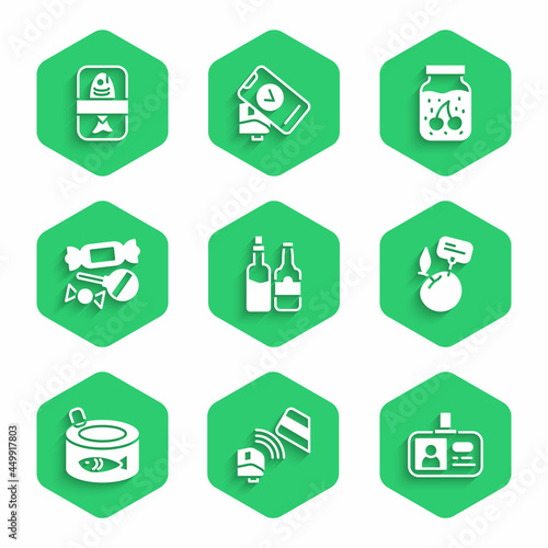 Set Whiskey bottle, POS terminal with credit card, Identification badge, Supermarket food products price label, Canned fish, Candy, Jam jar and Fish plastic tray container icon. Vector