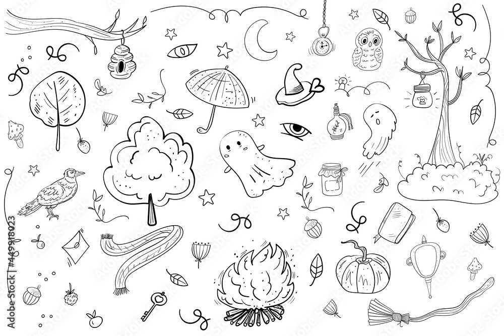 Halloween Night in the Woods Big Set Vector Doodle Illustration