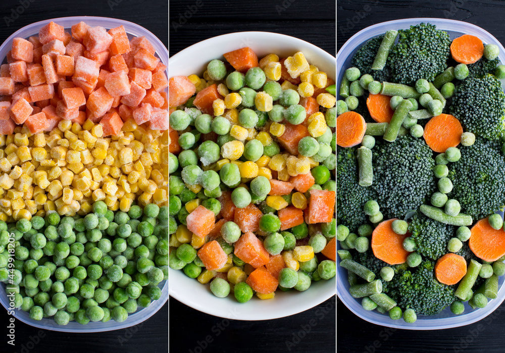 Collage of frozen vegetable in the box and bowl on the black wooden background. Top view. Close-up. Collage of frozen vegetable in the box and bowl on the black wooden background. Top view. Close-up.