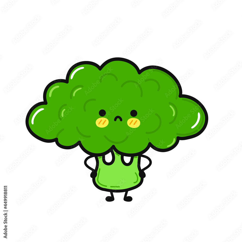 Cute sad broccoli character. Vector hand drawn cartoon kawaii character illustration icon. Isolated on white background. Broccoli character concept Cute sad broccoli character. Vector hand drawn cartoon kawaii character illustration icon. Isolated on white background. Broccoli character concept