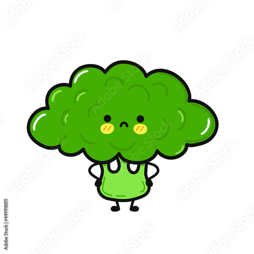 Cute sad broccoli character. Vector hand drawn cartoon kawaii character illustration icon. Isolated on white background. Broccoli character concept