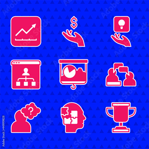 Set Chalkboard with chart, Head puzzles strategy, Award cup, Two sitting men talking, question mark, Online education, Light bulb and Financial growth increase icon. Vector