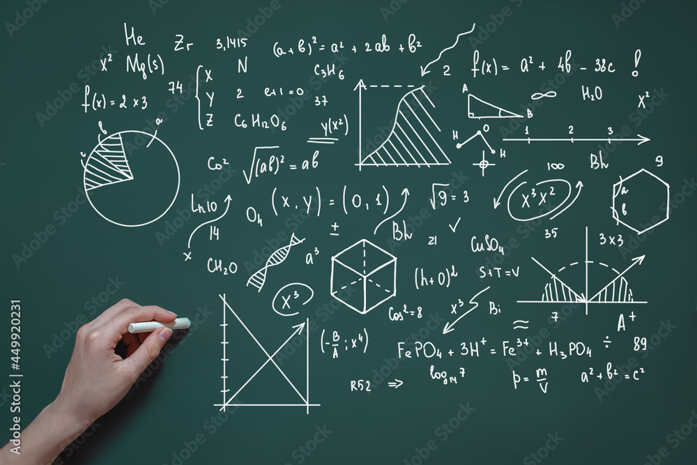 hand writes with chalk on a blackboard formulas graphs and diagrams, the concept of study, school, education, exams, tests, hand writes with chalk on a blackboard formulas graphs and diagrams, the concept of study, school, education, exams, tests,
