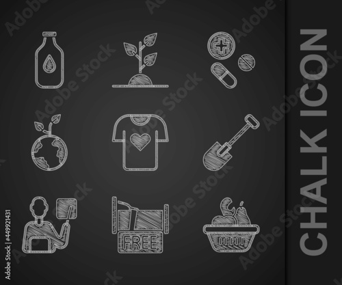 Set Clothes donation, Free overnight stay house, Donation food box, Shovel, Teacher, Volunteer team planting trees, Medicine pill or tablet and Bottle of water icon. Vector