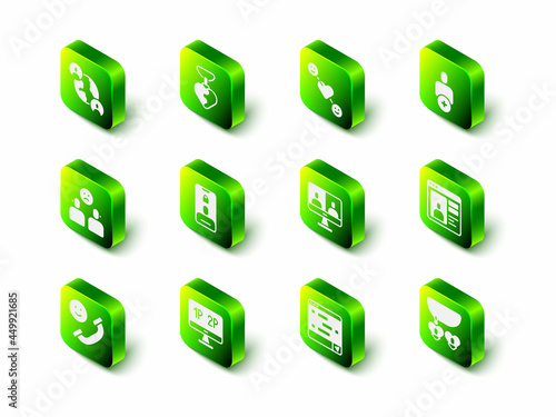 Set Necklace with heart shaped, Romantic relationship, Add to friend, Dating app online, Video chat conference, Chat messages laptop and Computer monitor screen icon. Vector