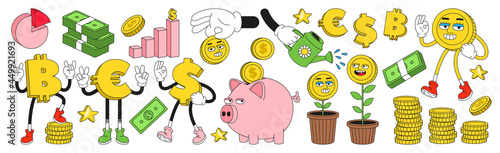 Financial literacy. Money, finance, business, investment sticker pack with funny cartoon abstract characters.