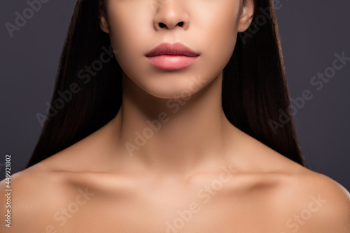 Tableau sur toile Cropped photo of charming calm fashion model lady demonstrate lips plastic surge