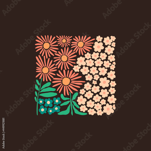 Various Flowers, leaves. Abstract blossom, bloom. Hand drawn trendy Vector illustration. Floral design, Naive art. Colorful square Pattern. Poster, print template. Isolated on dark background