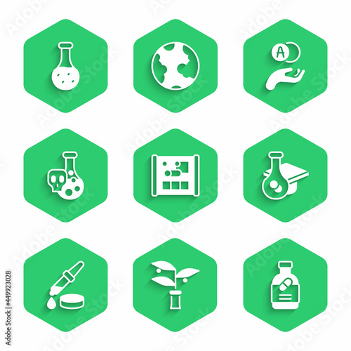 Set Graphing paper for engineering, Plant breeding, Medicine bottle and pills, Graduation cap, Pipette, Test tube with toxic liquid, Atom and icon. Vector
