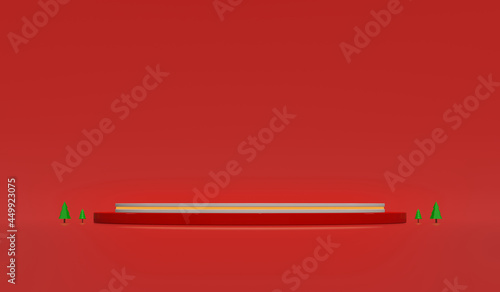 Christmas podium in red background blank for design. 3D rendering.