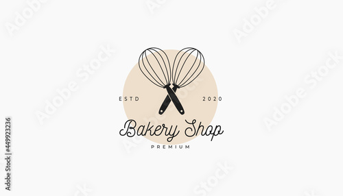 bakery cake shop logo feminine minimalist with egg beater whick icon design inspiration concept idea