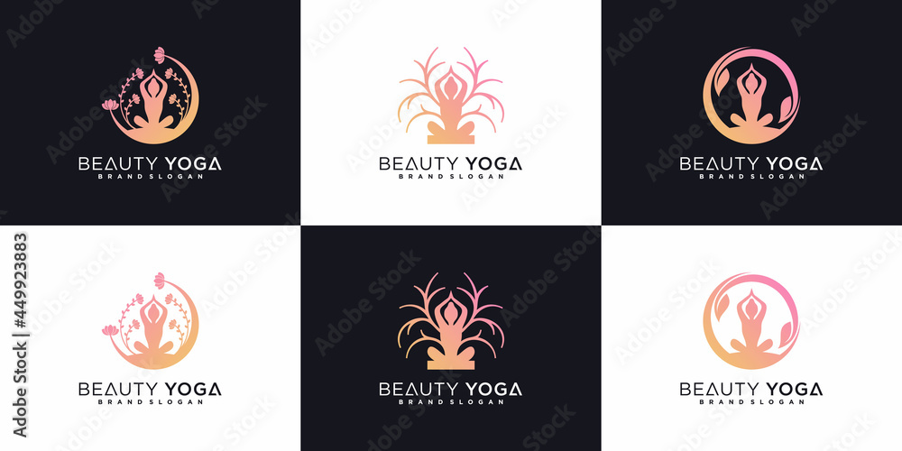 Set of  beauty yoga logo design with women meditation concept in nature and business card Premium Vector